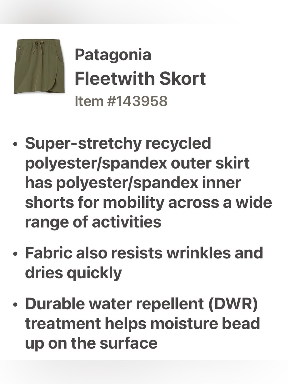 Patagonia Black Fleetwith Women's Active Skort with Drawstring - Picture 4 of 10